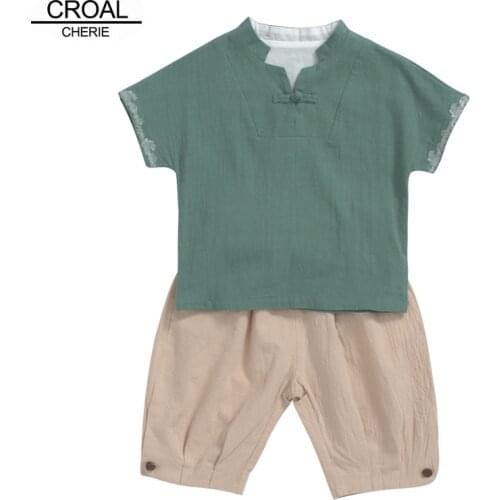 CROAL CHERIE 2pcs Cotton Linen Kids Baby Girls Boys Clothes Short Sleeve Tops + Shorts Suits Casual Childrens Sets 90-140cm