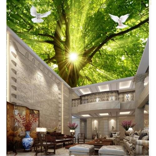 Home Decoration 3d wallpaper nature Sunshine Tree pigeon ceiling Non woven wallpaper 3d wallpaper mural