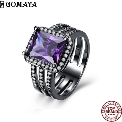 GOMAYA Three Layers Square Shape Purple Zirconia Rings For Women Exquisite Elegant Finger Ring Prom Party Festival Jewelry Gift