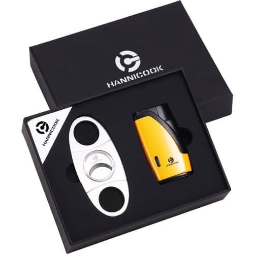 1 Set HANNICOOK Luxury Cigar Lighter with Cigar Cutter Inflatable Gas Butane Windproof Jet Torches Lighter Gift for Men with Box