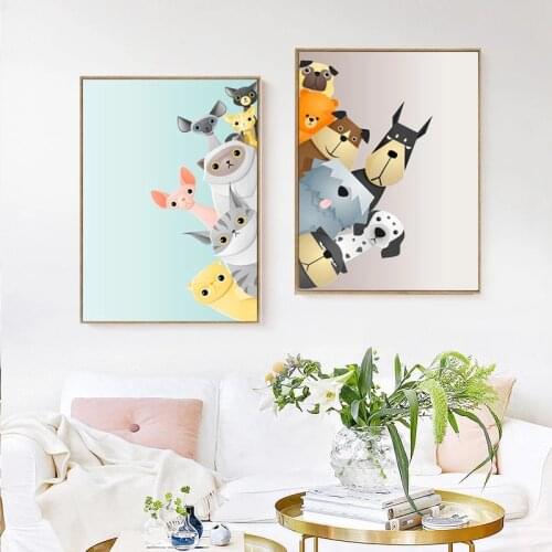Nordic Style Canvas Painting Cartoon Cat and Dog Picture Wall Art Print Simple Modular Poster Childrens Room Nursey Home Decor