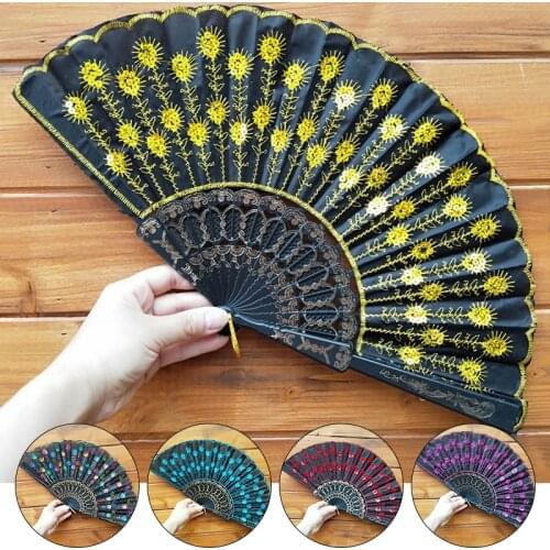 Peacock Pattern Sequin Fabric Hand Fan Decorative Art Folding Fan Wedding Party Peacock Tail Feather Crafts Chinese Style Decor