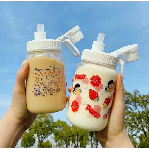 Kawaii Glass Strawberry Water Bottle With Straw Strap For Children Girl Shaker Sport Travel Milk Carton Juice Drinking Bottle