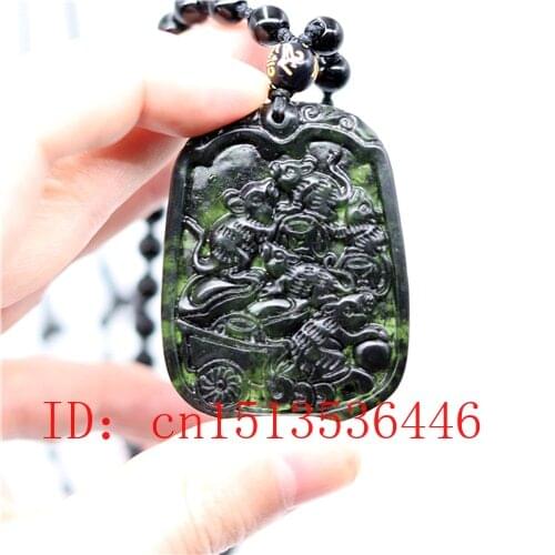 Chinese Black Green Jade Five only Money Mouse Pendant Natural Hand Carving Necklace Fashion Amulet Luck Gifts Men Sweater Chain