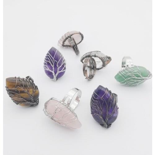 New Mix- Stone Resizable Drop Amethysts Tiger Eye Aventurine Rose Quartz Clear Crystal Healing Chakra life Tree Amulet Ring 1PCS