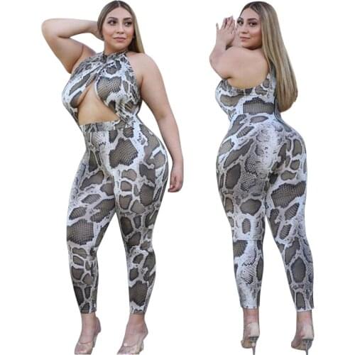 New Arrivals Women Serpentine Print Jumpsuits Sexy Plus Size Autumn Hollow Out Nightclub Wear O-neck Sleeveless Skinny Rompers