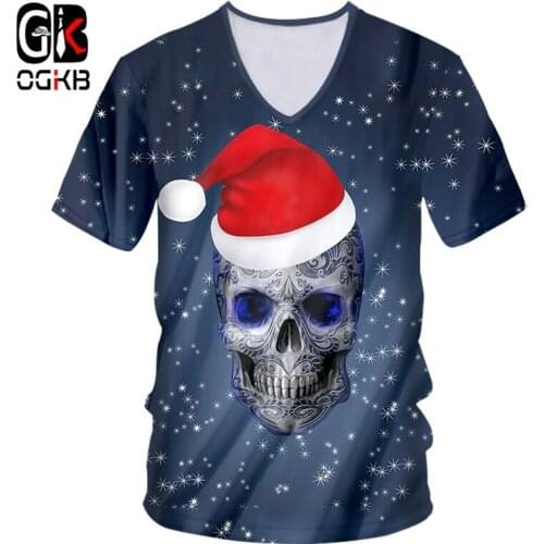 OGKB Mens Funny V Neck T shirt 3D Printed Christmas Cap And Skull Hip Hop Street 6XL Winter Man Loose Tshirt