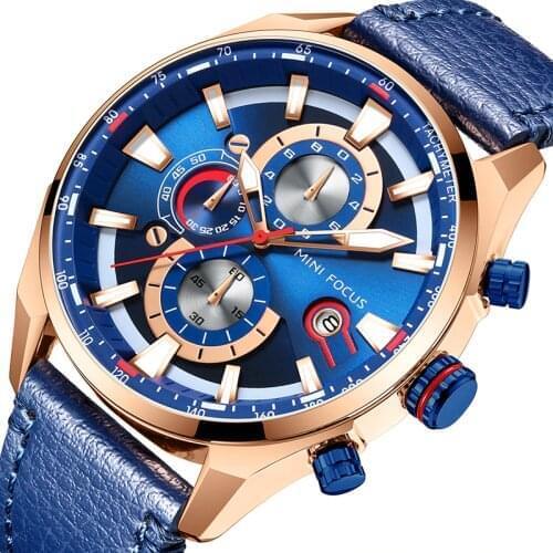 MINI FOCUS Quartz Watch Men Waterproof Blue Leather Strap Luxury Brand Fashion Design Multifunction Sport Clock Mens Wristwatch
