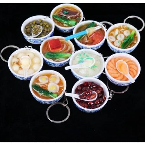 New Simulation Food Key Chains noodle Creative Bowl Keychain Chinese Blue and white porcelain Food Bowl Mini bag pendant