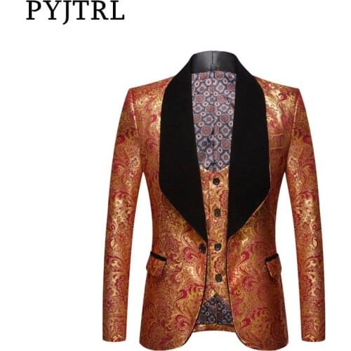 PYJTRL Jacket + Vest Mens Fashion Two-piece Set Gold Floral Pattern Print Shawl Lapel Slim Fit Wedding Prom Dress Tuxedo Costume