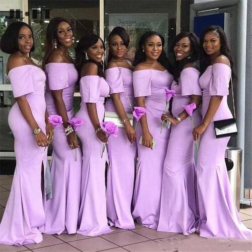 Off the Shoulder Mermaid Bridesmaid Dresses Long Maid of honor gowns Elastic Satin Short Sleeves Wedding Party Dress
