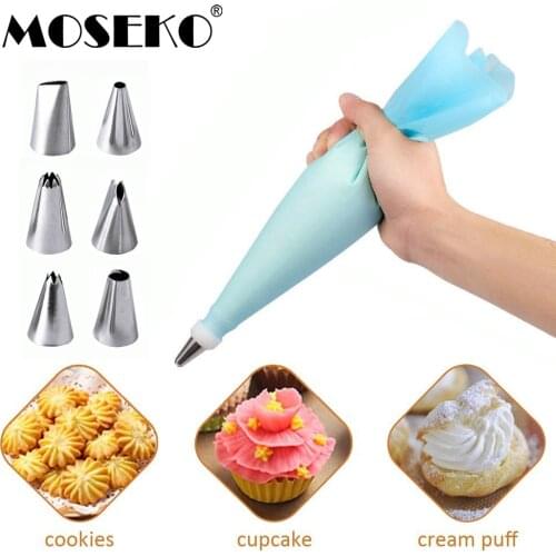 MOSEKO 1 Set Silicone Pastry Bag Tips Kitchen DIY Icing Piping Cream Reusable Pastry Bags 6 Nozzle Set Cake Decorating Tools