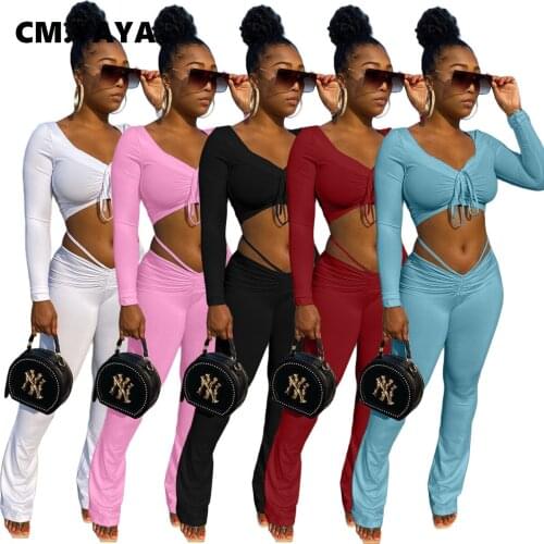 CM.YAYA Sexy Club Party Sweatsuit Womens Set Stacked V-neck Crop Tops Ruched Pants Set ActiveTracksuit Two Piece Outfit Set