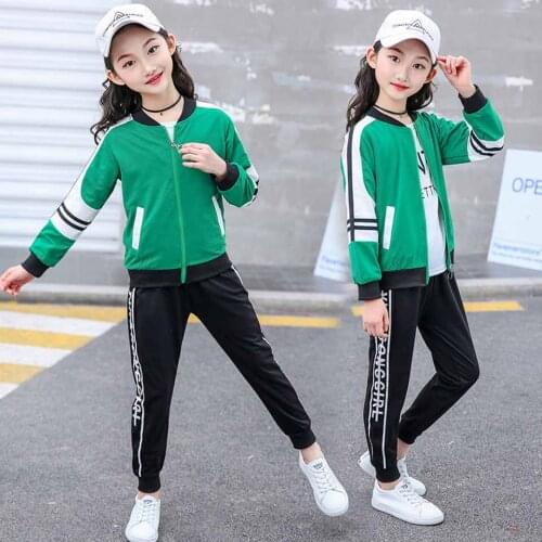 Childrens Sports Suits Kids Girls Clothing Sets Tracksuit Kids Fashion Girls 3 Piece Set Zipper Coat+White T-shirt+Pant Autumn