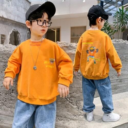 New Orange Sweater Loose Sweatshirt Boys Fashion Letter Cartoon Print Top Teenager Long Sleeve T-shirt O-neck Pullover 5 -12 Y