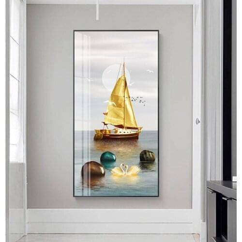 Traditional Chinese Landscape Boat Posters Golden Abstarct Canvas Painting Decorative Pictures for Living Room Bedroom Wall Art