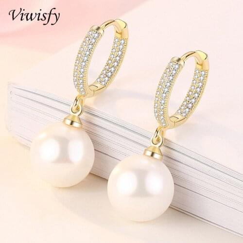 Viwisfy Pearl Beads Crystal Dangle Round Buckle Gold Color Solid 925 Sterling Silver Drop Earrings For Women VW21203