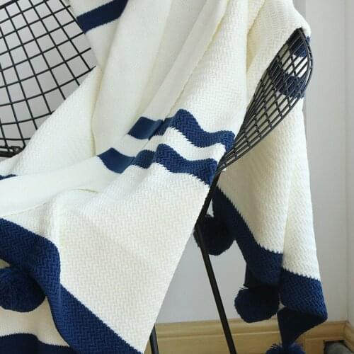 Nordic Blue Stripe Sofa Knitted Cover Blanket Super Soft Handmade Hanging Ball Cozy Sleeping Bedding Throw Decor 130x160cm