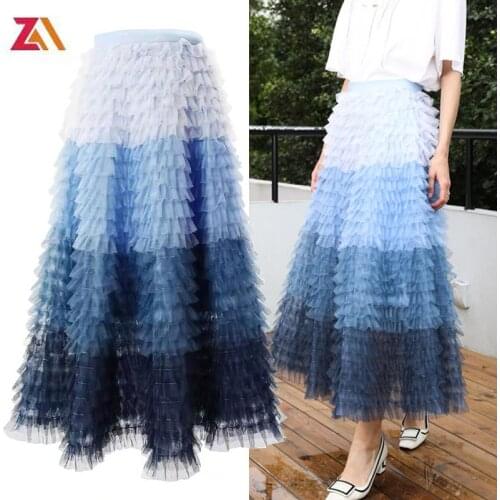 ZALady Summer Autumn Womens Skirts Mesh Stitching Gradient Color Traf High Waist Runway Zevity Ruffles Woman Skirt Clothes Chic