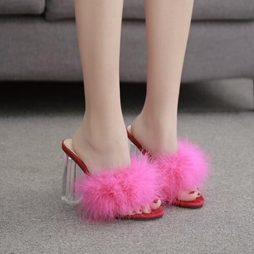 Womens shoes transparent crystal heel 11cm thick heel plush slippers sandals flocking thick heel pointed toe