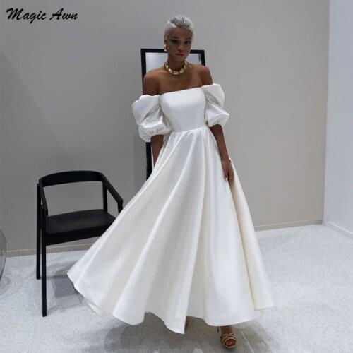 Magic Awn Vintage Satin Wedding Dresses Off The Shoulder Short Puffy Sleeves Ankle Length A-Line Simple Wedding Party Gowns