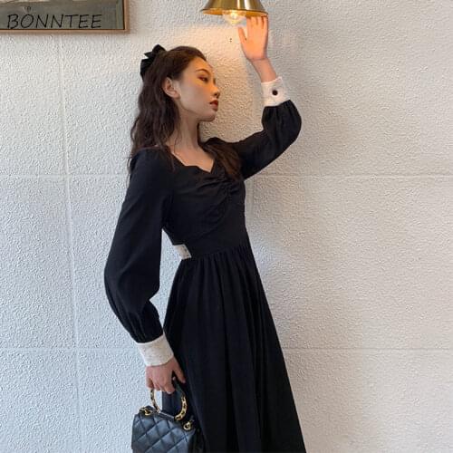 Dress Women Fall Draped Vintage French Style Oversize 3XL Elegant Slim Long Sleeve Patchwork A-Line Mid-Calf Party Lady Vestido