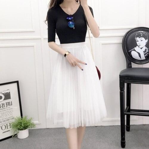 2021 Spring Autumn New Korean High Waist Slim Black Lace Mesh Skirt All-match Casual Women A-line Big Swing Dress Free Shipping