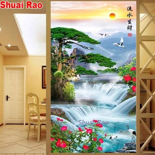 Large Diamond Painting Waterfall landscape tree bird,5D DIY round Diamond Embroidery for China style natural spring scenery