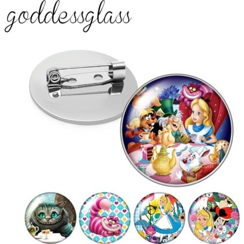 Disney Princess Alice Cheshire cat rabbit Round Glass cabochon Silver color Brooch Dome Photo Jewelry Brooches Pin For Gift