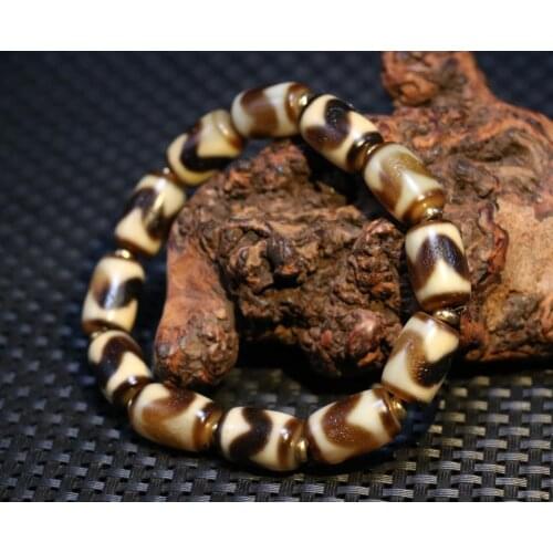 Treasure Magic Power Tibetan Old Oily Ivory Color Tiger Tooth dZi Bead Amulet Bracelet 3A Timestown UPD1210A