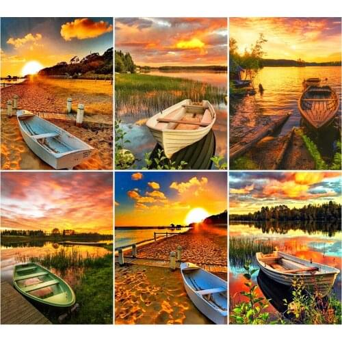 DOHAWIZS DIY Diamond Painting Sunset Landscape Sea Kit Full Square Diamond Mosaic Boat Scenery Cross Stitch Mosaic Sale Crafts