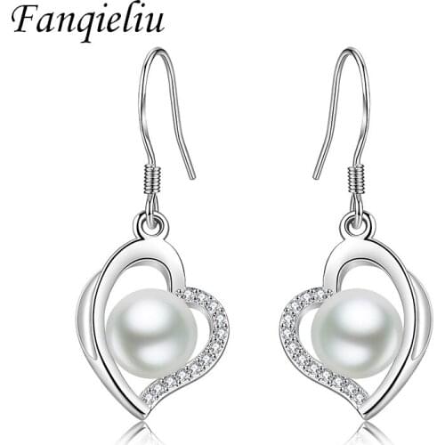 Fanqieliu Hollow Out Heart Crystal Dangle Jewelry Gift Pearl Earing For Girl 925 Sterling Silver Drop Earrings Women FQL21303