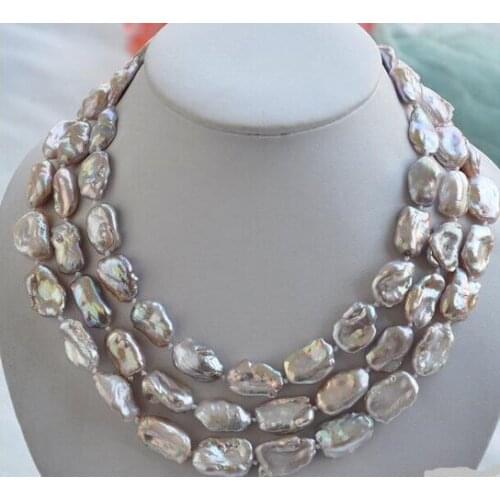 Hot sale >>3row 20mm LAVENDER BAROQUE KESHI REBORN biwa PEARL NECKLACE