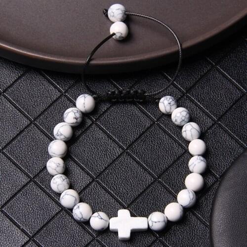 Cross Charm Natural Stone Adjustable Rope Length Braided Bracelet Alabaster Malachite Female Male Bracelets Creative Jewelry