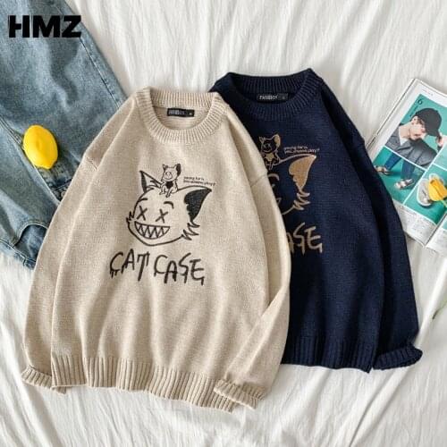 HMZ 2021 Mens Cartoon Embroidery Sweater Autumn Pullovers Fashion Clothing Top Men Long Sleeve Sweater Knit Warm Casual Sweater