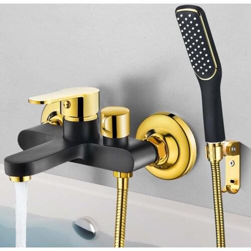 Bathtub Shower Set Wall Mounted Gold and White Bathtub Faucet, Bathroom Black gold Cold and Hot Bath and Shower Mixer Taps Brass