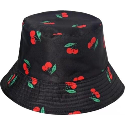 Unisex Panama Bucket Hats Women Men Reversible Fruit Cherry Strawberry Print Fisherman Hats Casual Harajuku Hip Hop Bucket Caps