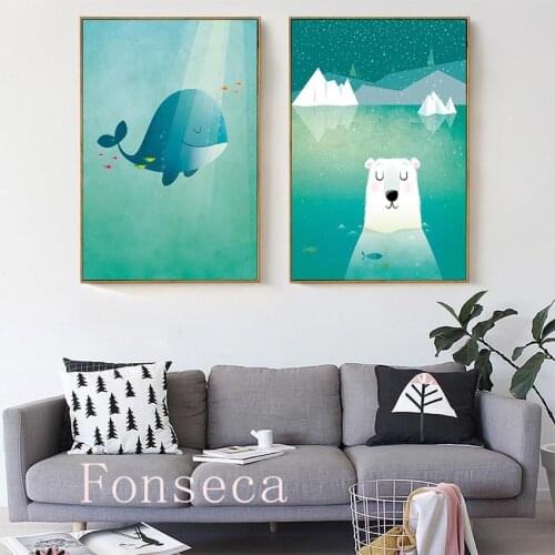 Beer Whale Blue Sea Poster Cartoon Animal Prints Wall Art Canvas Painting Picture Home Decor For Kids Room Living Room