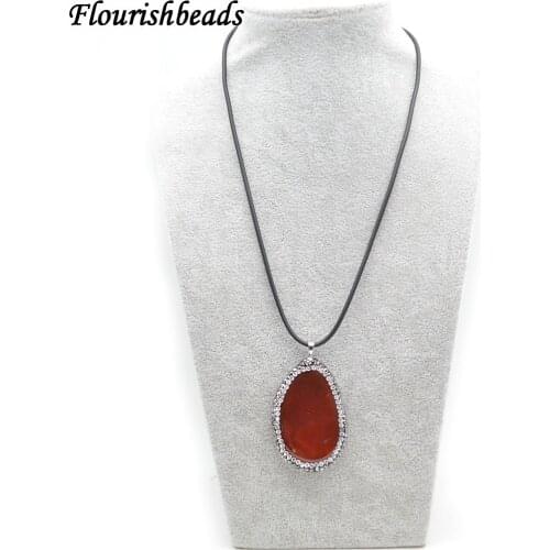 Paved Black Crystal Beads Red Color Agate Stone Slab Pendant Leather Cord Chains Necklace Fashion Jewelry