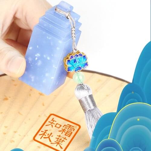 Blue Color Natural Stone Custom Name Stamp With Storage Bag Inkpad Chinese Style Personal Seal For Graduation Birthday Friends