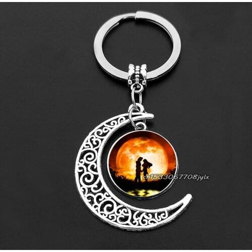 Lovers Under Moonlight Glass Cabochon Crescent Moon Keychain for Women Romantic Valentines Day Present for Lovers