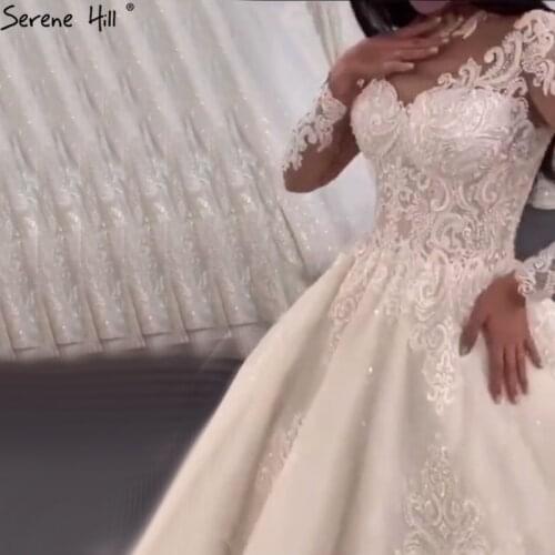 High-end Ivory Long Sleeve Wedding Dresses 2020 O-Neck Beading Sparkle Sexy Bridal Gowns HA2380 Custom Made