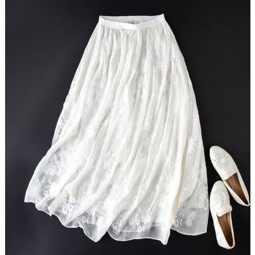 Womens 100% Mulberry Silk Embroidery White Black Maxi Skirt black Long Skirt Summer Beach M103