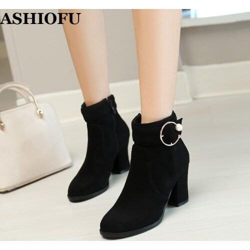 ASHIOFU Handmade Hot Sale Womens Chunky Heels Boots Faux-suede Party Prom Dress Ankle Booties Daily Wear Casual Fashion Boots