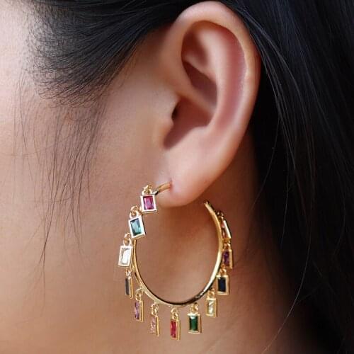Gold Filled Rainbow Hoop Earrings with Charm Big Round Colorful Earring Hoop Circle Woman Jewelry Orecchino Donna Arcobaleno