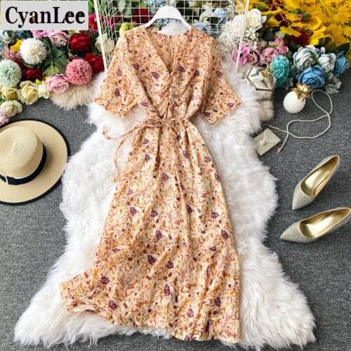 Cyanlee Summer Chiffon Dress Women Floral Print Bohemian Beach Holiday Dresses High Waist Slim Pleated Bandage Vestidos Robe