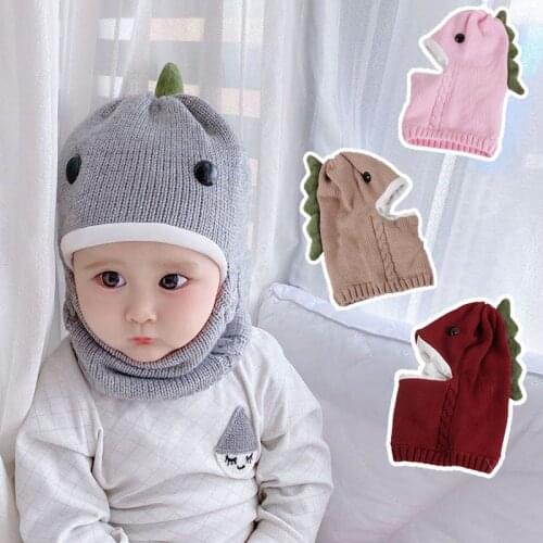 2020 Dinosaur Winter Hat for Boy Girls Scarf Knitted Hats Beanie Baby Warm Thick Soft Balaclava Kids Scrub Cap Children bonnet
