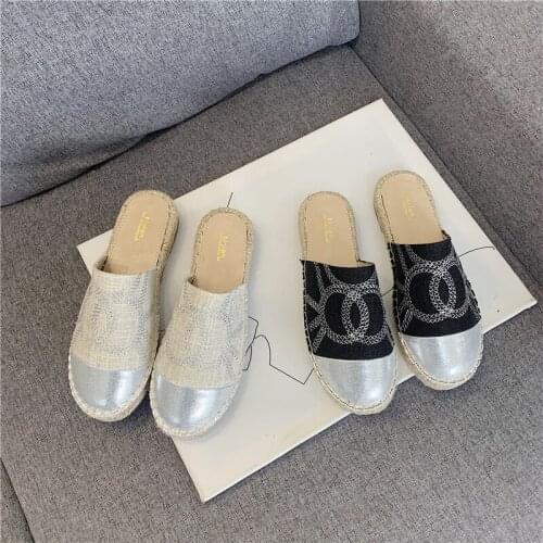 Asakusa linen casual shoes ladies embroidered platform slippers patchwork fisherman shoes slippers slippers apricot black