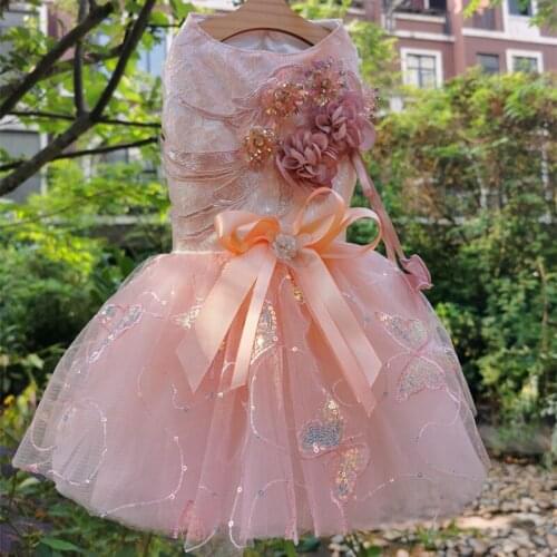 Free Shipping Handmade Dress Dog Clothes 3D Embroidery With Diamond Flowers Skirt Evening Party Gown 2 Colors Pet Cat Poodle