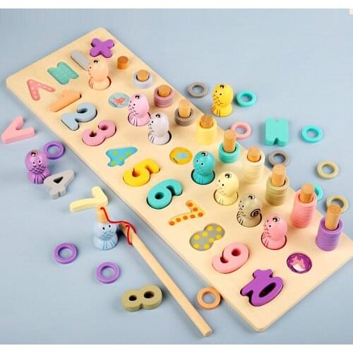 Wooden Montessori Educational Toys Four In One Ounting Geometry Digital Magnetic Fishing Busy Board Preschool Montessori Toy